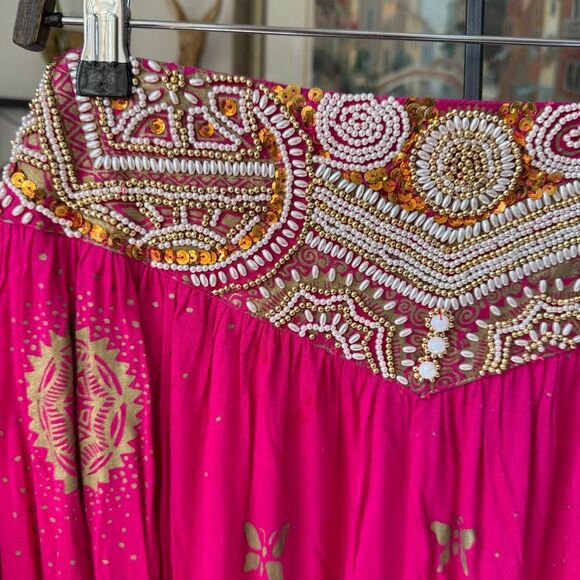 2pc Shorts Top Banarasi Style Fuchsia Gold Foil Boho Beaded Set OSFM L XL - Picture 4 of 10